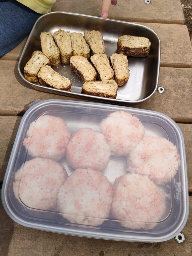 公園で広げたおにぎりと卵焼きのピクニックランチ