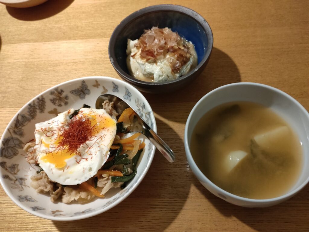 野菜たっぷりのプルコギ丼と冷奴と味噌汁の夕食