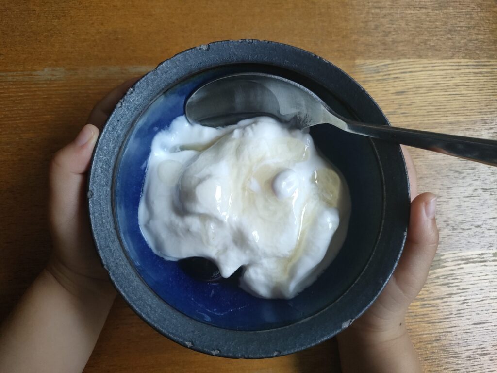 どもの手がブルーベリー入りのヨーグルトを入れた器を持つ様子